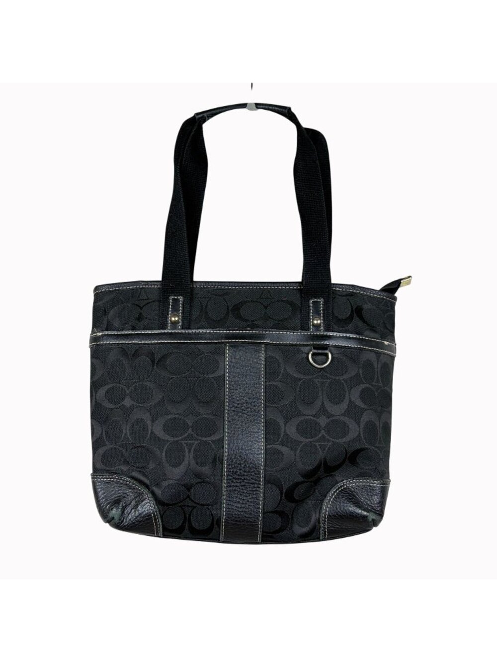 Coach Signature Shoulder Bag Black Leather Canvas Purse Handbag Two Handle